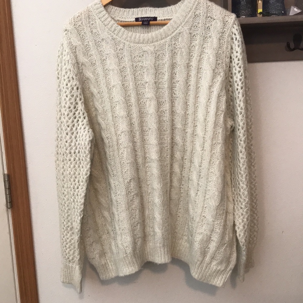 Roaman’s Oversized Sweater, long sleeves, off-white, silver thread, 22/2…